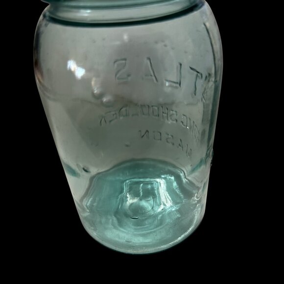 Vintage Atlas Strong Shoulder Mason Blue Glass Quart  Jar zinc lid FLAW Bubble - Picture 6 of 7